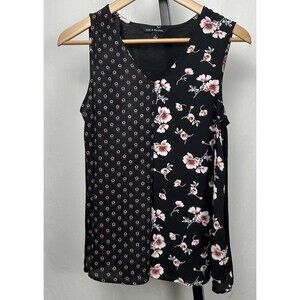 Zac & Rachel Top Sleeveless Blouse V Neck Floral Polka Dot Black Small Career